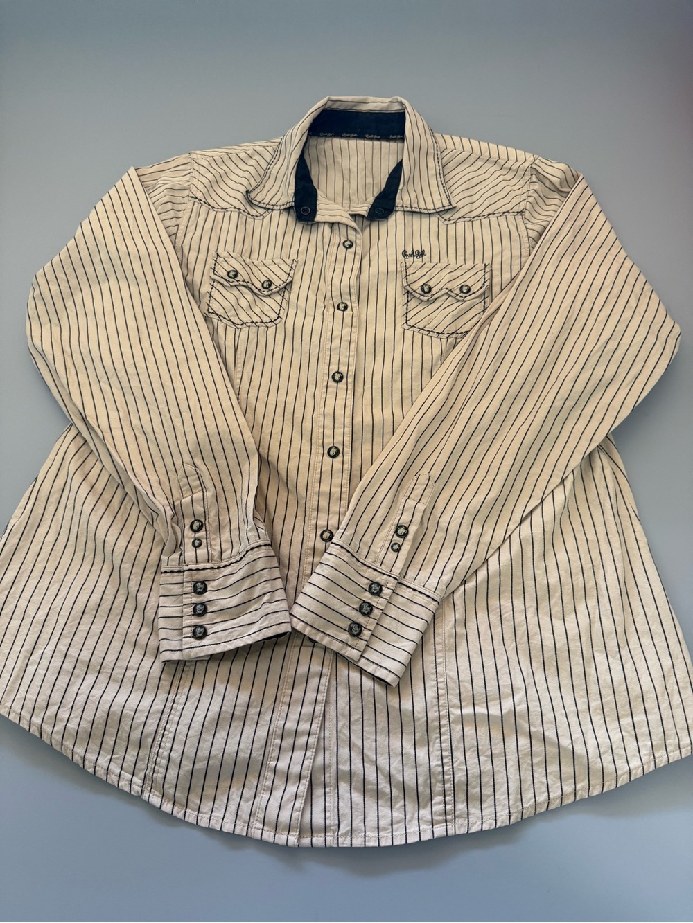 Cruel Girl Cream Shirt with Black Pinstripes